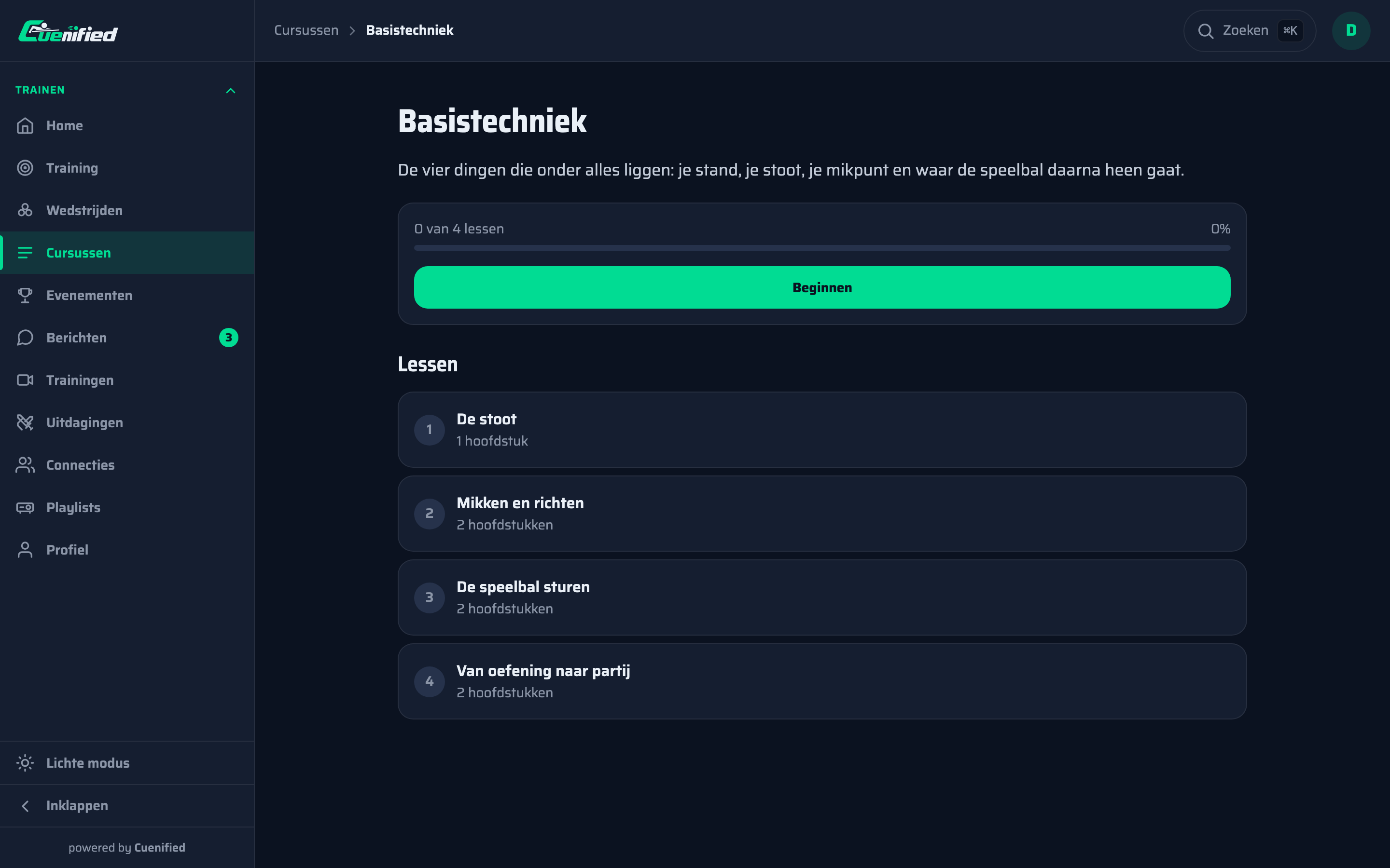 Een cursus in de app: de voortgangsbalk bovenaan en de lessen eronder, met een vinkje bij wat af is.