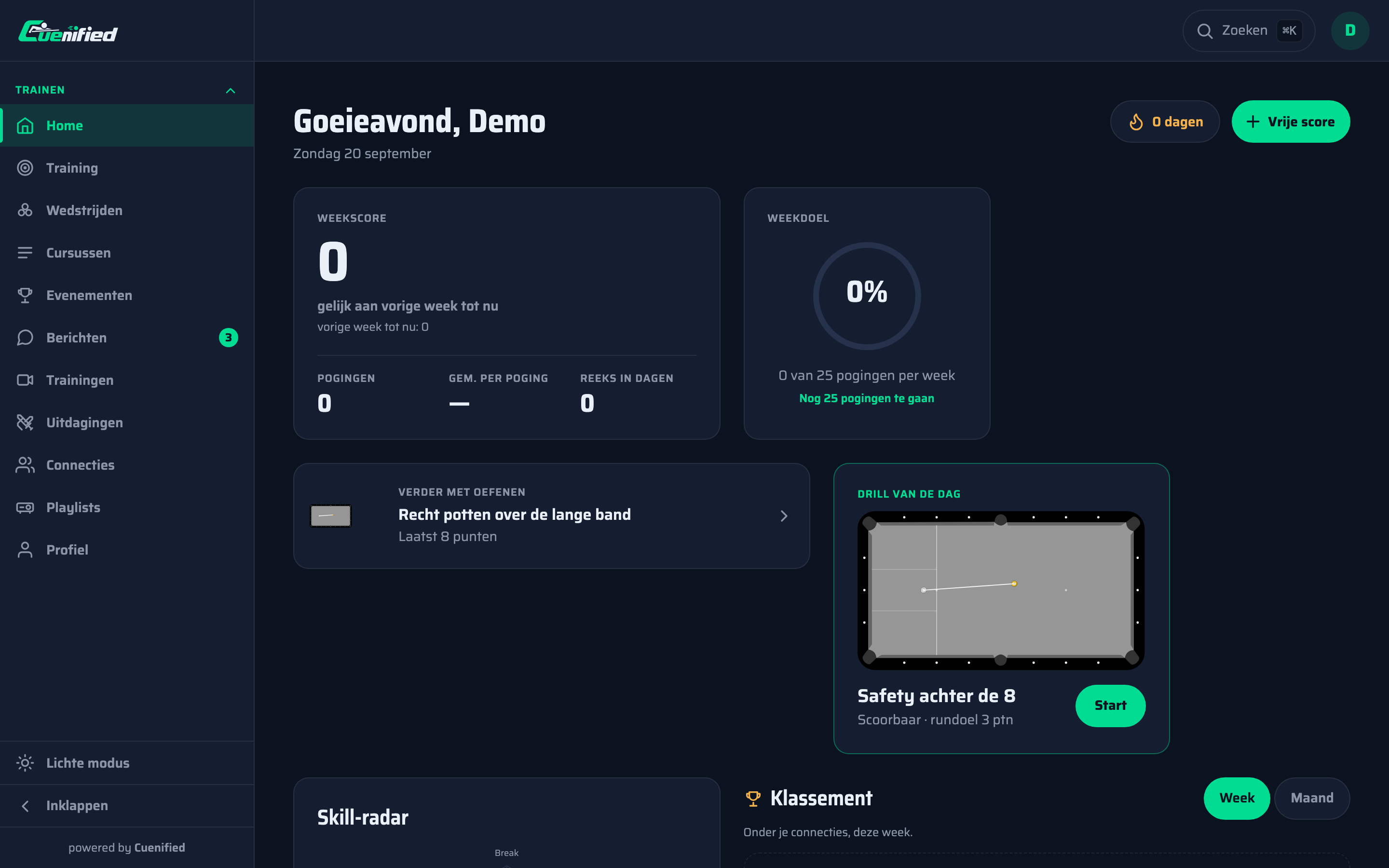 Het startscherm met weekscore, weekdoel als ring, de drill van de dag, de skill-radar en het klassement.
