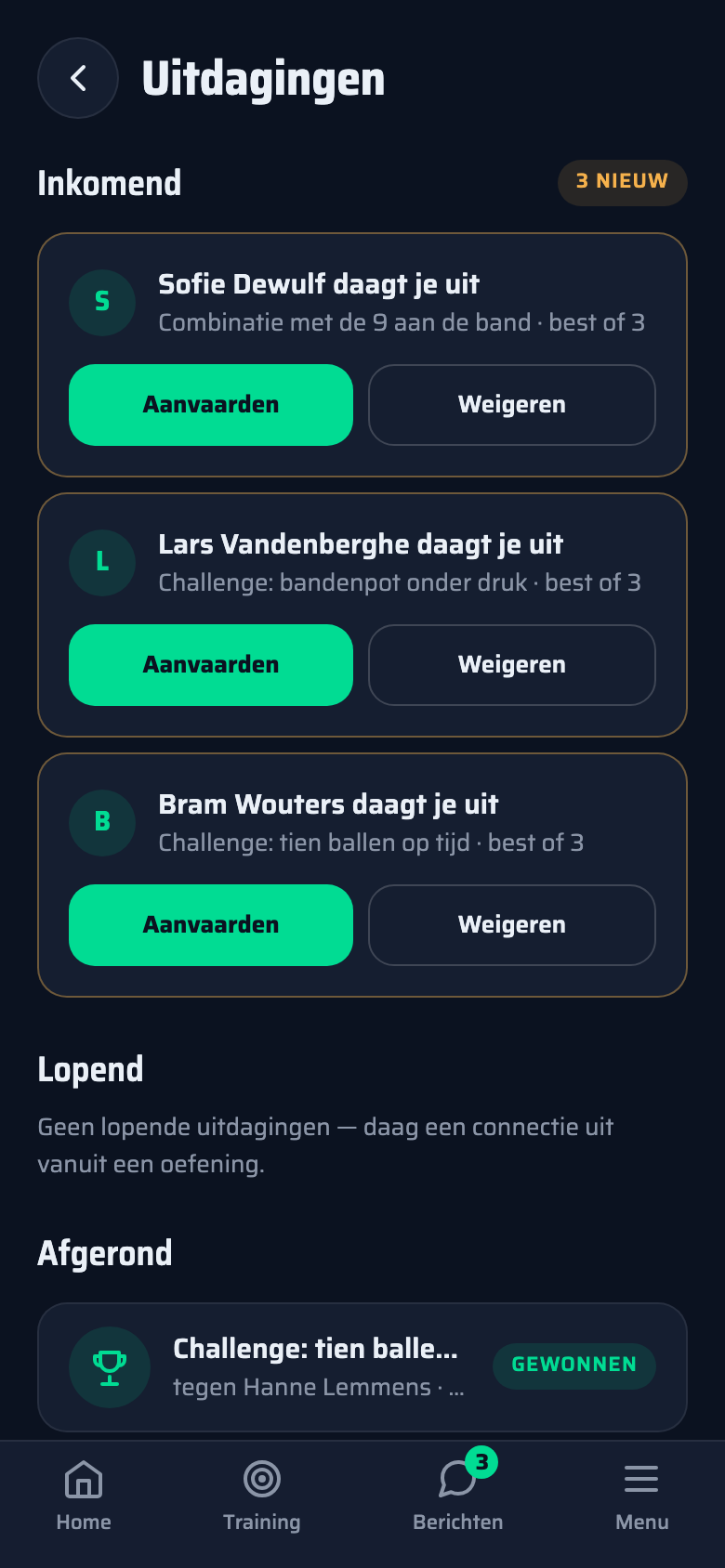 Uitdagingen: een openstaand duel op dezelfde oefening, best of vijf.