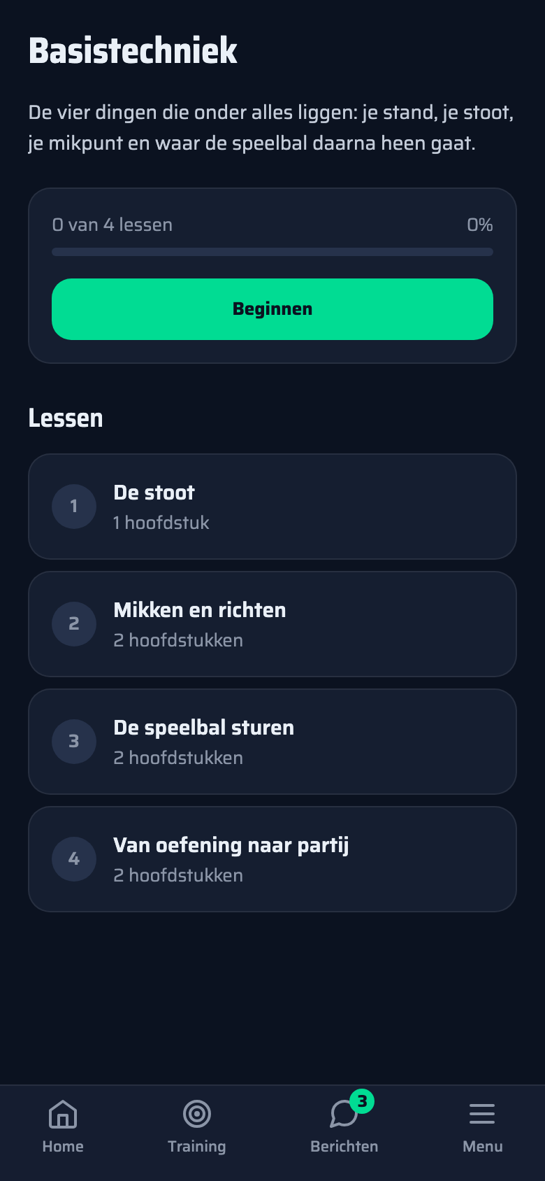 Dezelfde cursus op een telefoon: de voortgangsbalk en de lessen met een vinkje bij wat af is.