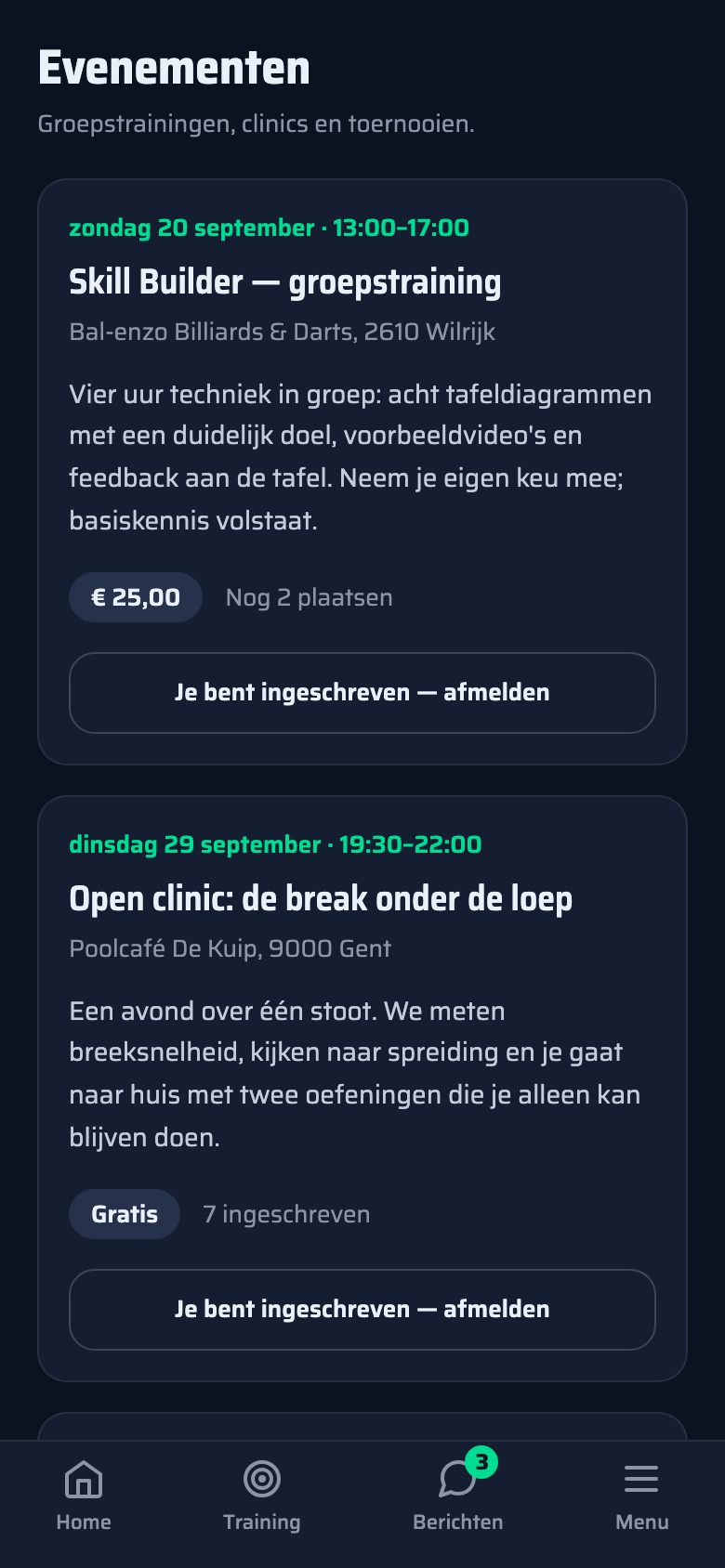 De agenda met een groepstraining in Wilrijk waar nog twee plaatsen vrij zijn.