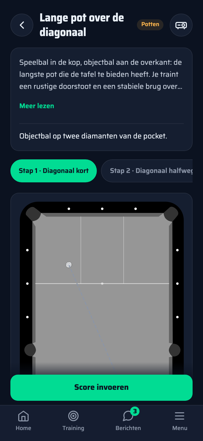 Dezelfde oefening op een telefoon: de volledige tafel met speelbal, mikpunt en aanspeelpunt.