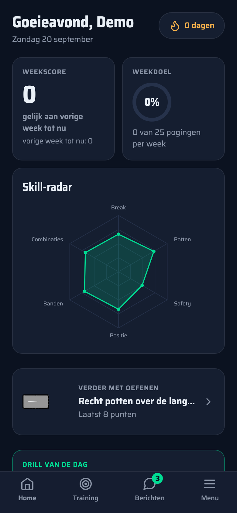 Het startscherm: weekscore, weekdoel als ring, een reeks in dagen en de skill-radar per categorie.